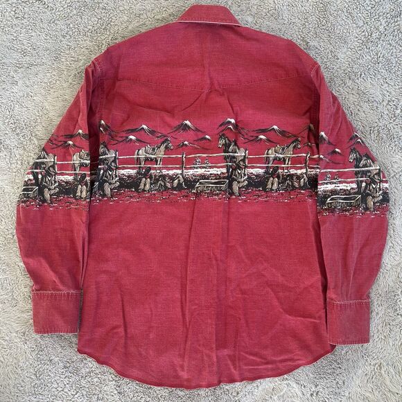 Wrangler Brushpopper Vintage Pearl Snap Shirt Horses Mountain Red Graphic Large - Picture 5 of 5